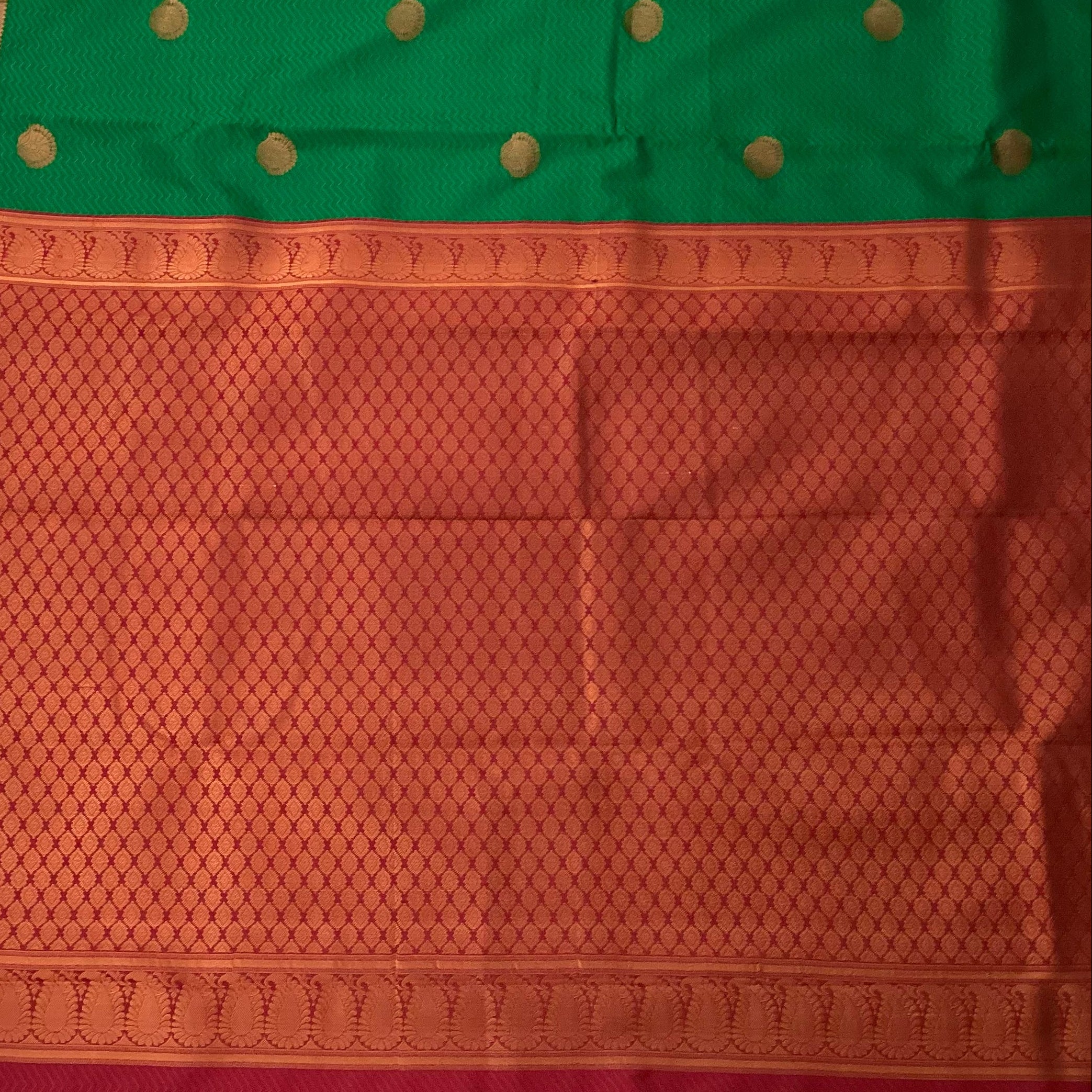 Emerald Green Silk Saree with Magenta Pallu and Gold Zari