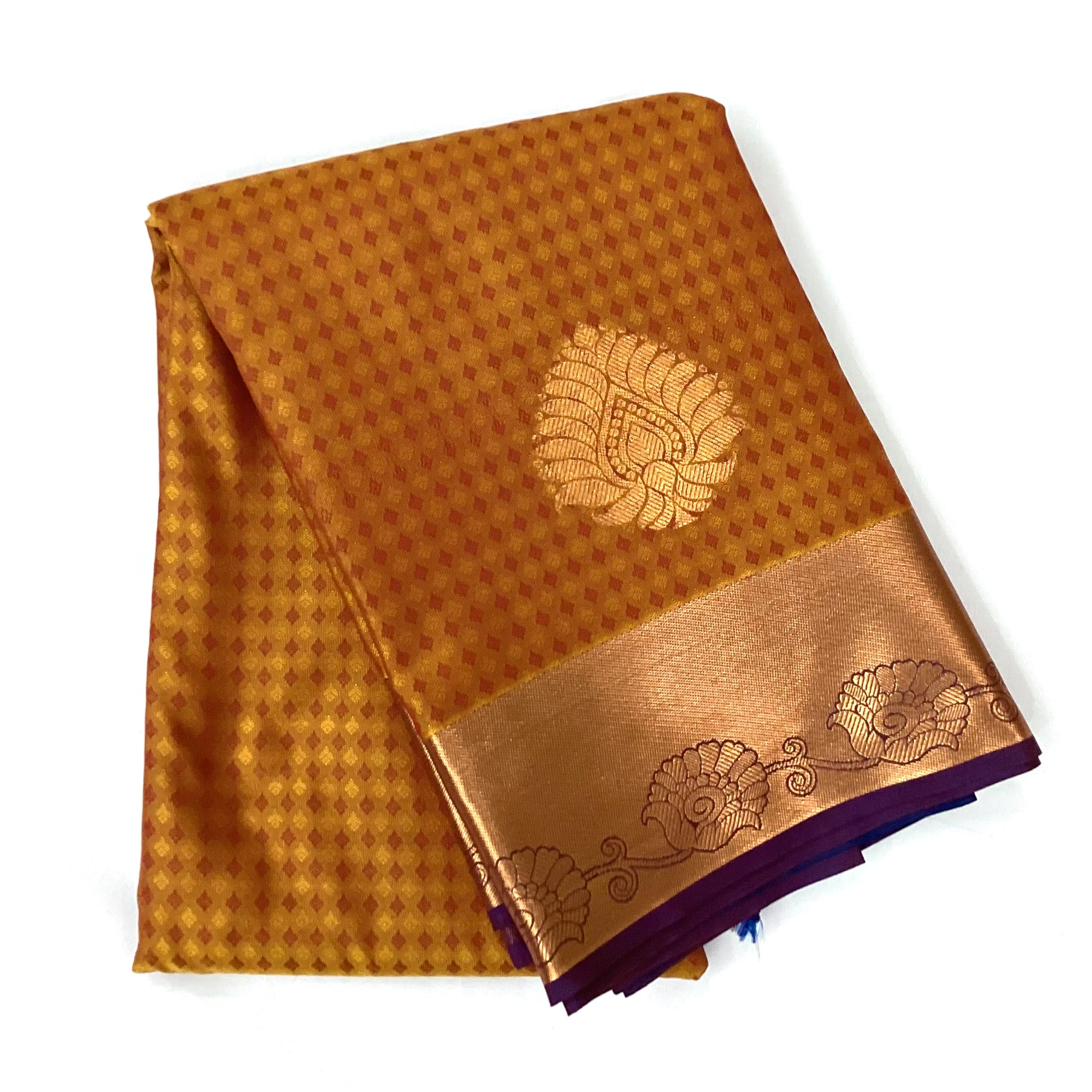 Burnt Orange Silk Saree Cobalt Blue Pallu Copper Zari Border