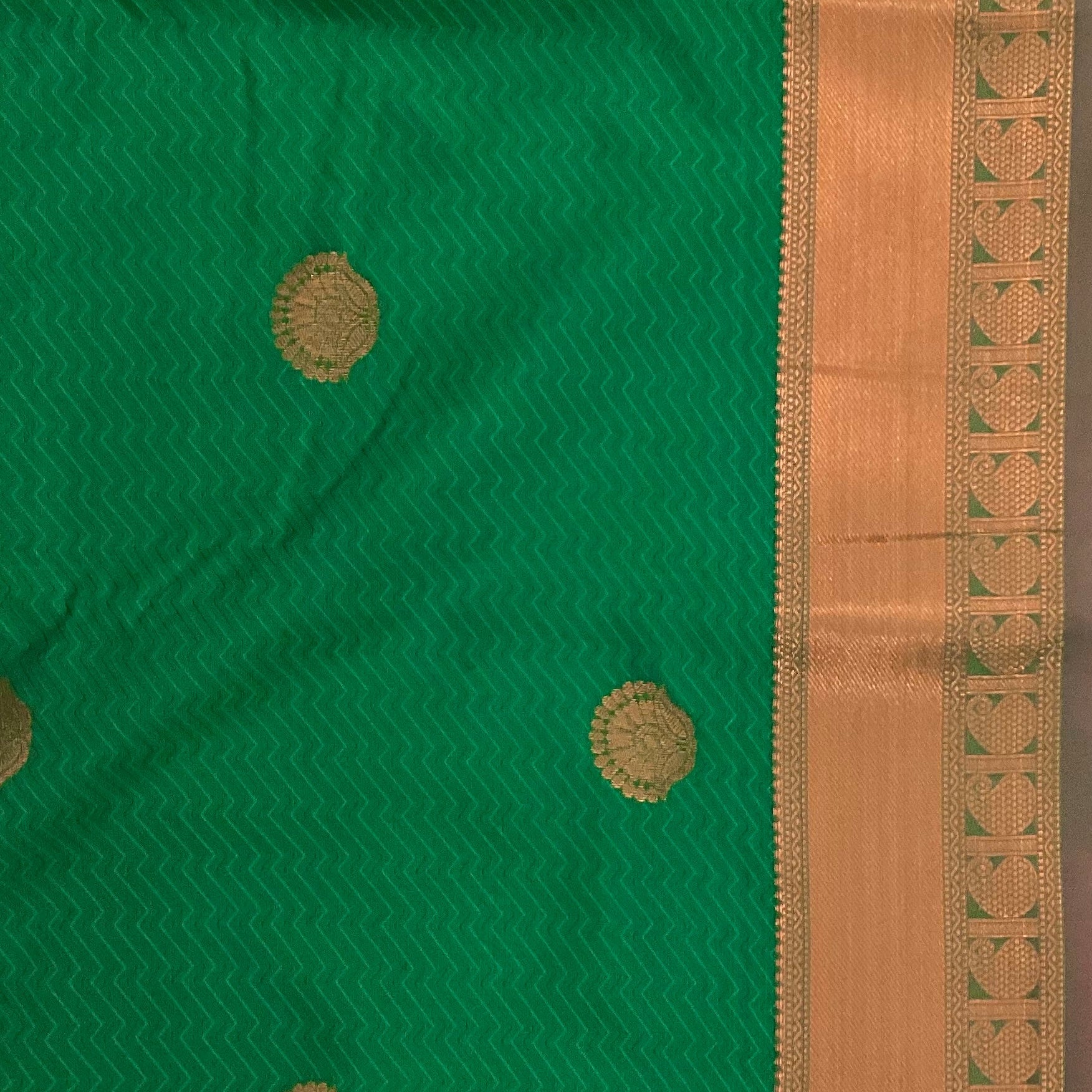 Emerald Green Silk Saree with Magenta Pallu and Gold Zari