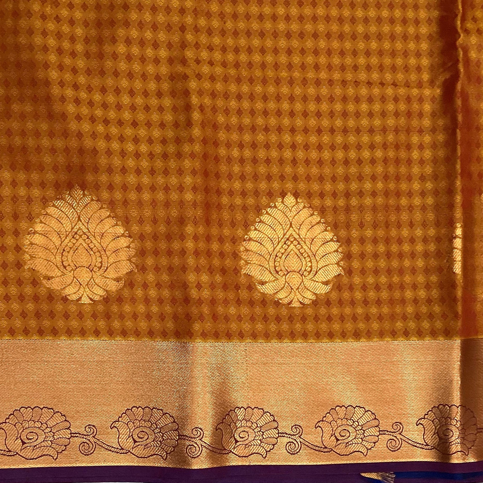 Burnt Orange Silk Saree Cobalt Blue Pallu Copper Zari Border