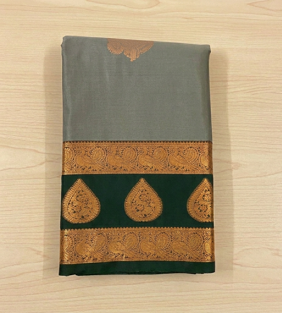 Slate Blue Saree Deep Emerald Pallu Antique Gold Zari