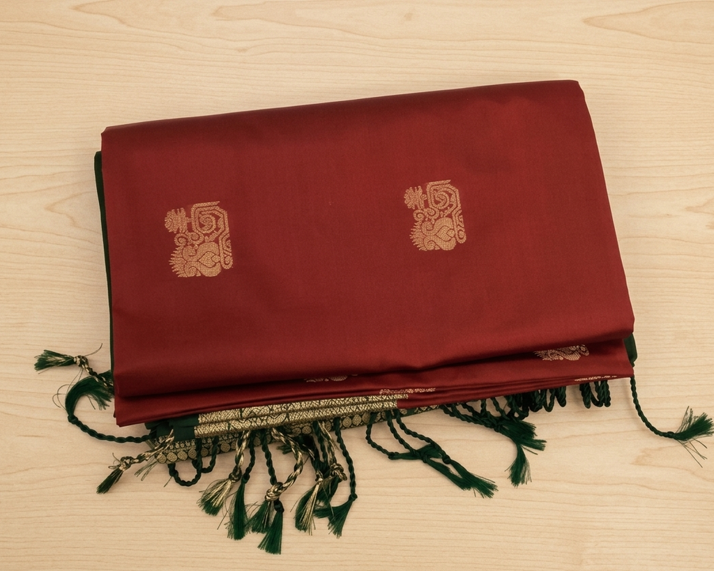 Emerald Green Maroon Brocade Silk Saree With Gold Zari