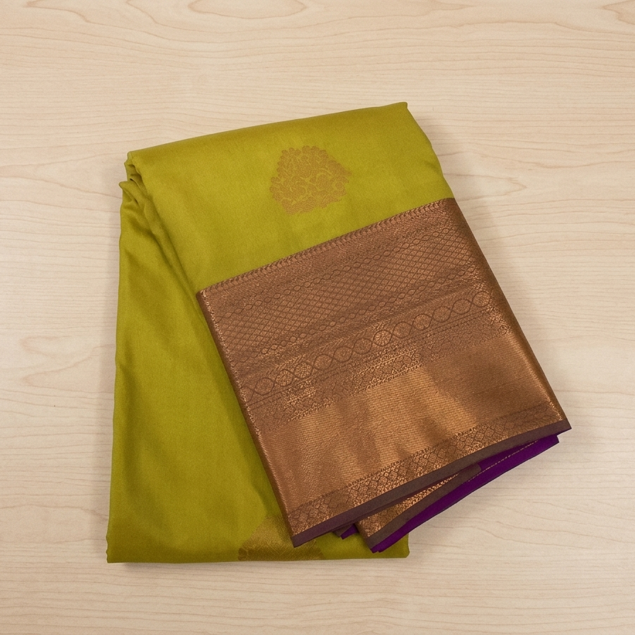 Chartreuse Green Silk Saree with Gold Buta Copper Zari Border