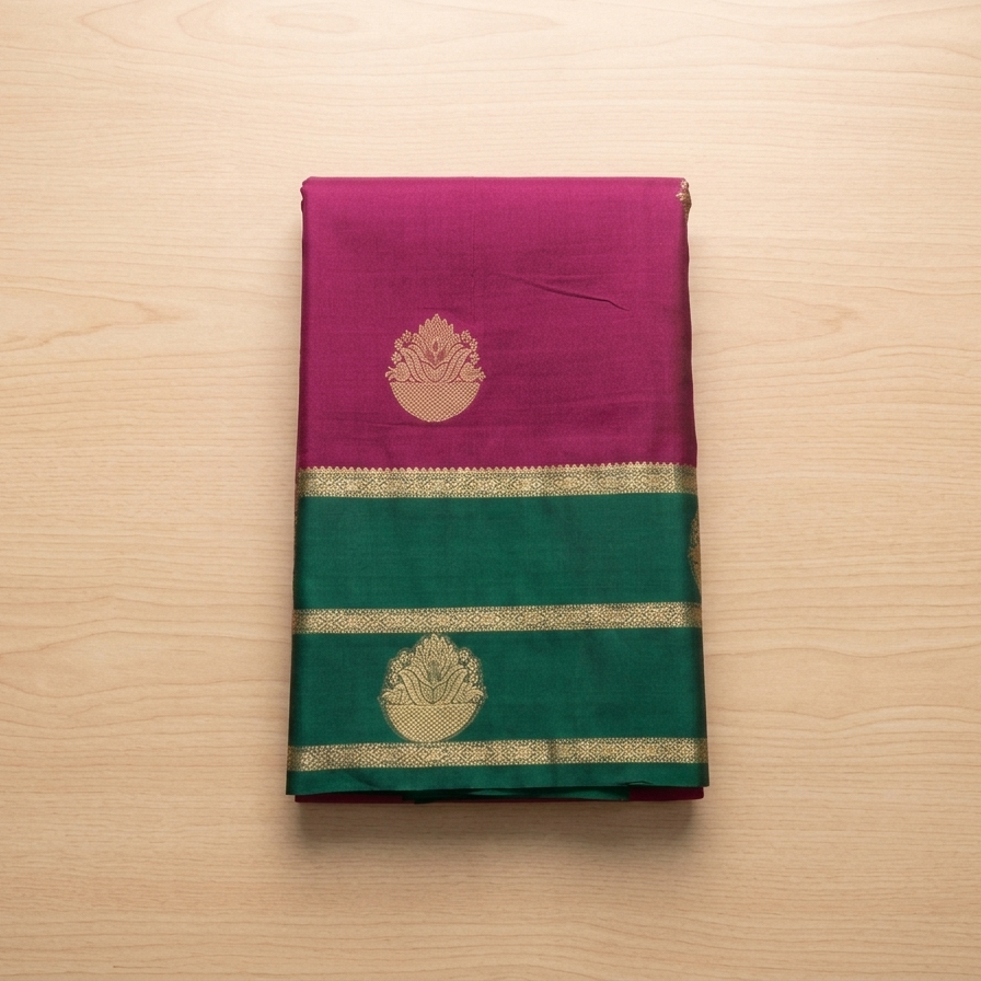 Magenta Teal Silk Saree Silver Zari Brocade Pallu Floral Buti