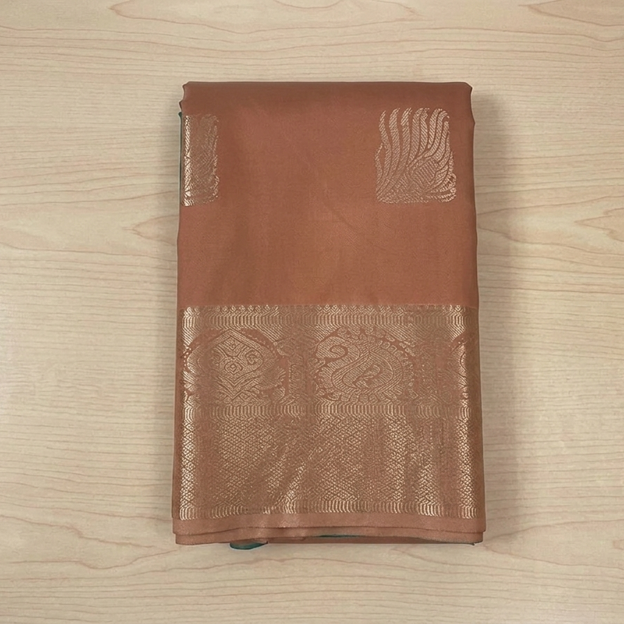 Teal Peach Silk Zari Saree With Square Motifs And Border