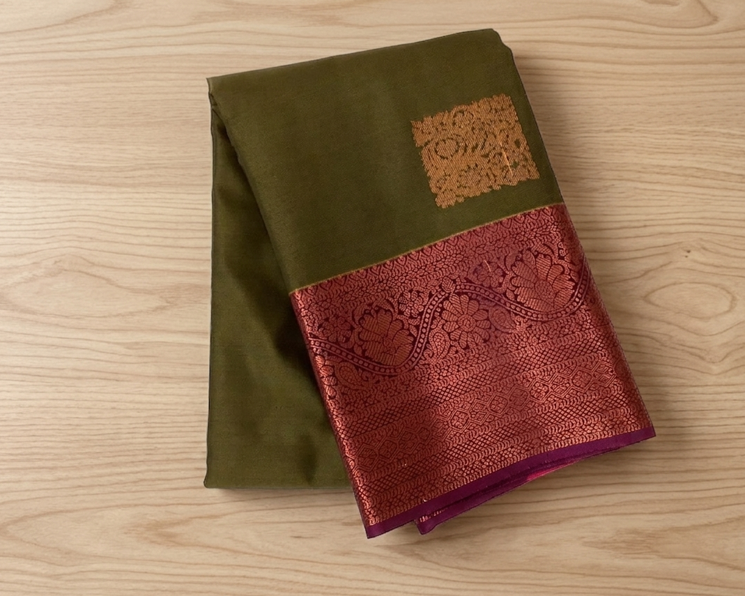 Olive Green Silk Saree Copper Motifs Coral Pallu Magenta Border