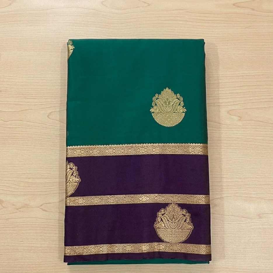 Peacock Teal Silk Saree Silver Brocade Pallu Purple Border Traditional