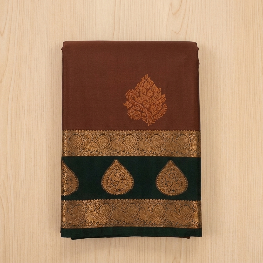 Maroon Teal Silk Saree with Antique Gold Zari and Pallu