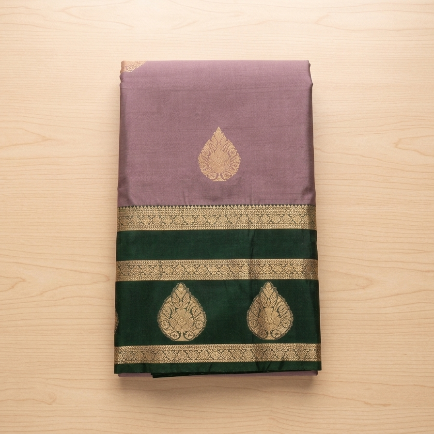 Emerald Green And Dusty Mauve Silver Brocade Traditional Saree Weave