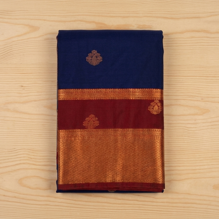 Cobalt Blue Silk Saree Maroon Pallu Gold Brocade Wedding Wear