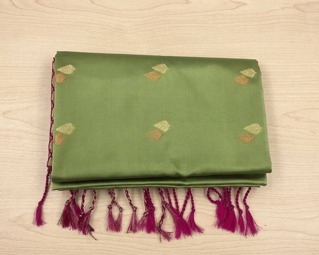 Olive Green Magenta Silk Saree With Rose Gold Zari Border