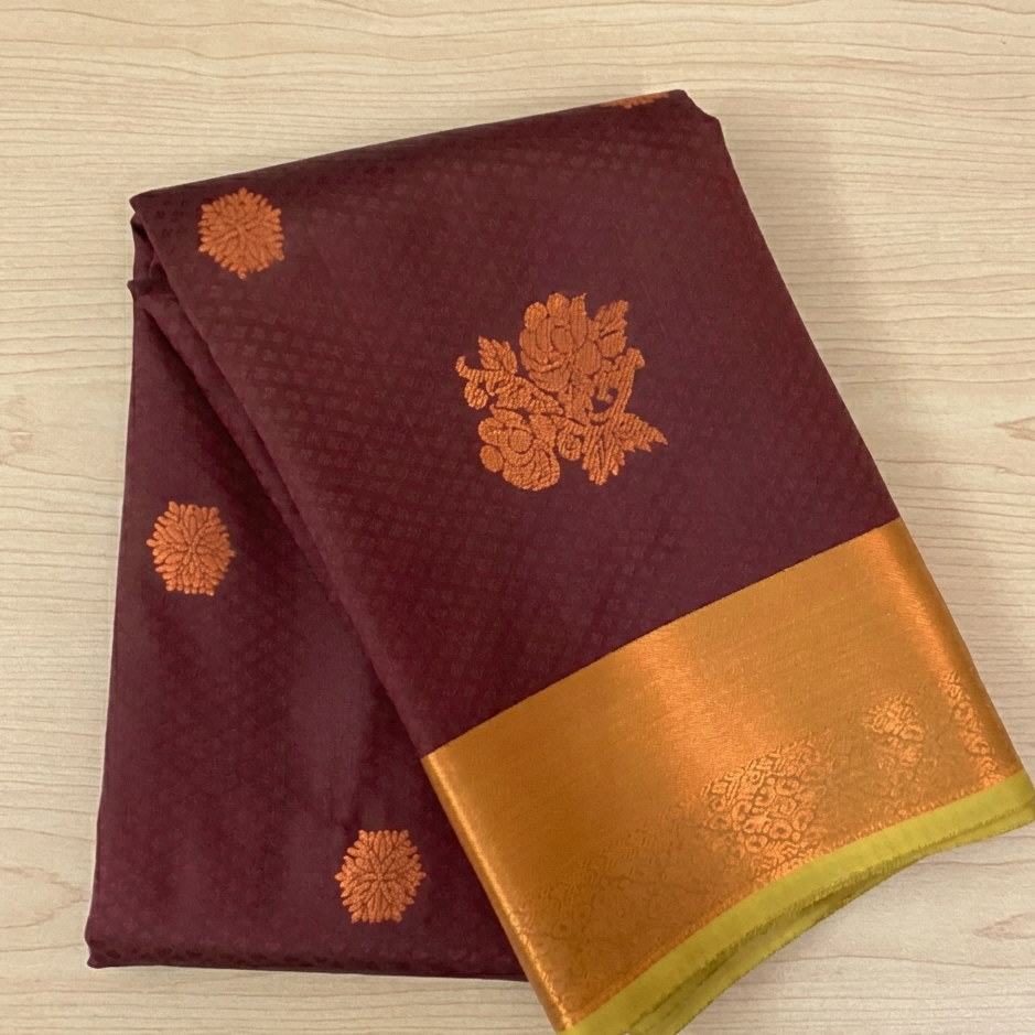 Elegant Teal Maroon Silk Saree Copper Floral Buttas Woven Border