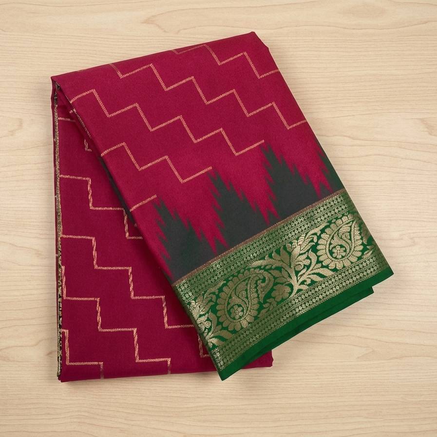 Traditional Magenta Silk Saree with Emerald Pallu Silver Zari Brocade