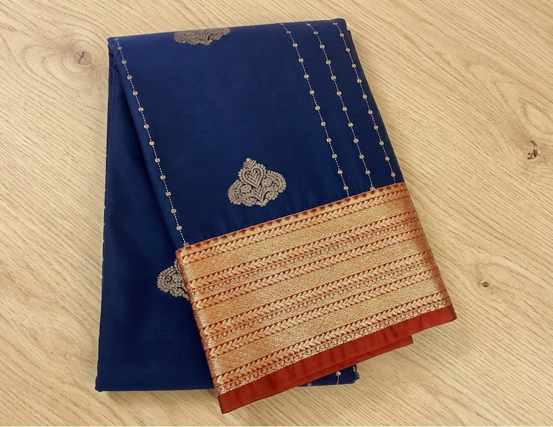 Royal Blue Silver Buti Woven Saree Pale Peach Pallu Crimson