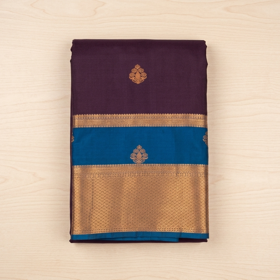 Plum Silk Saree Copper Zari Buttas Mauve Pallu Cobalt Border