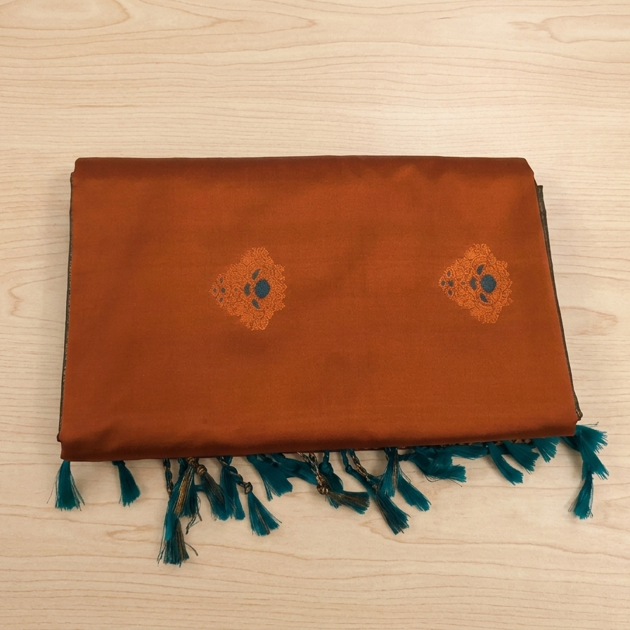 Burnt Orange Silk Saree Deep Teal Pallu Antique Gold Border