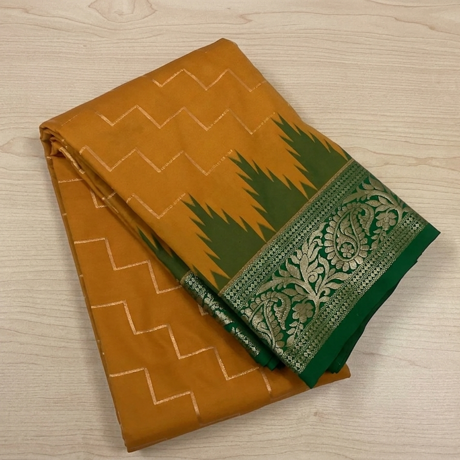 Mustard Green Silk Saree Silver Paisley Brocade Festive Traditional Wear