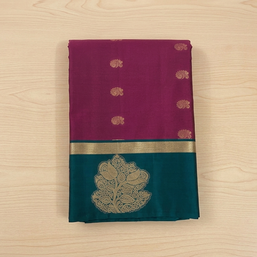 Magenta Teal Silk Saree Silver Zari Floral Border Buti Traditional