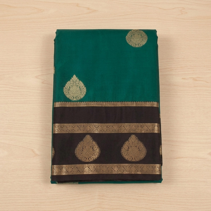 Teal Paisley Zari Silk Saree with Antique Gold Pallu and Border