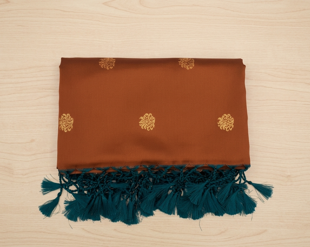 Rust Orange Teal Pallu Silk Saree Antique Gold Brocade Border