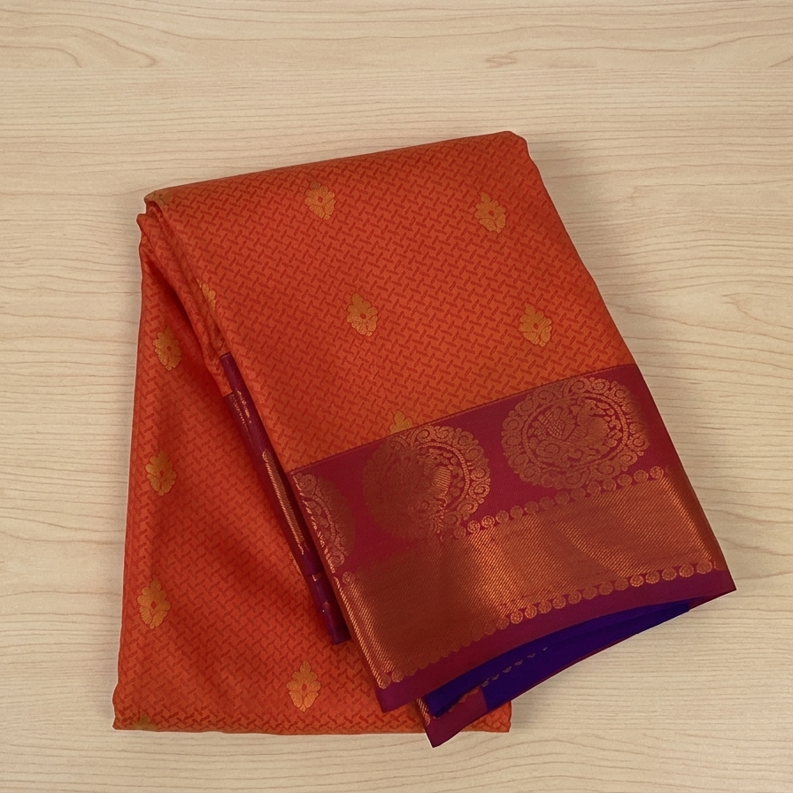 Traditional Saffron Orange Purple Silk Saree Gold Zari Medallion Border