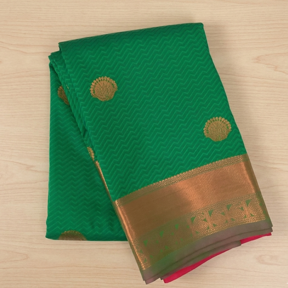 Emerald Green Silk Saree Copper Orange Pallu Gold Buttas Traditional