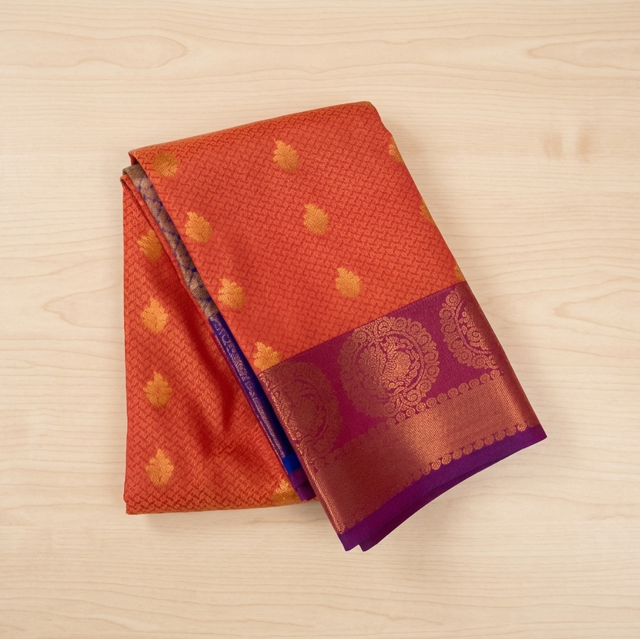 Royal Purple Orange Brocade Saree Copper Gold Medallion Border Traditional