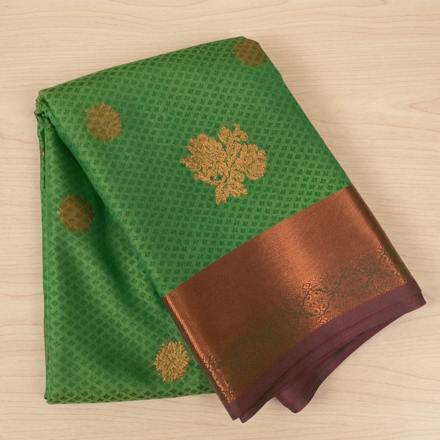 Emerald Green Silk Saree Coral Red Pallu Gold Zari Traditional