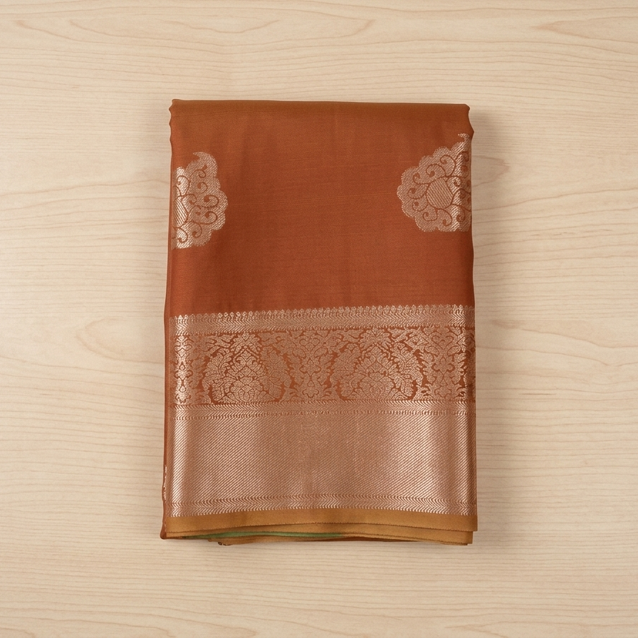 Teal Rust Silk Saree with Silver Buta and Brocade Border