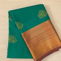 Teal Silk Saree Coral Pallu Gold Border Floral Buti Wedding