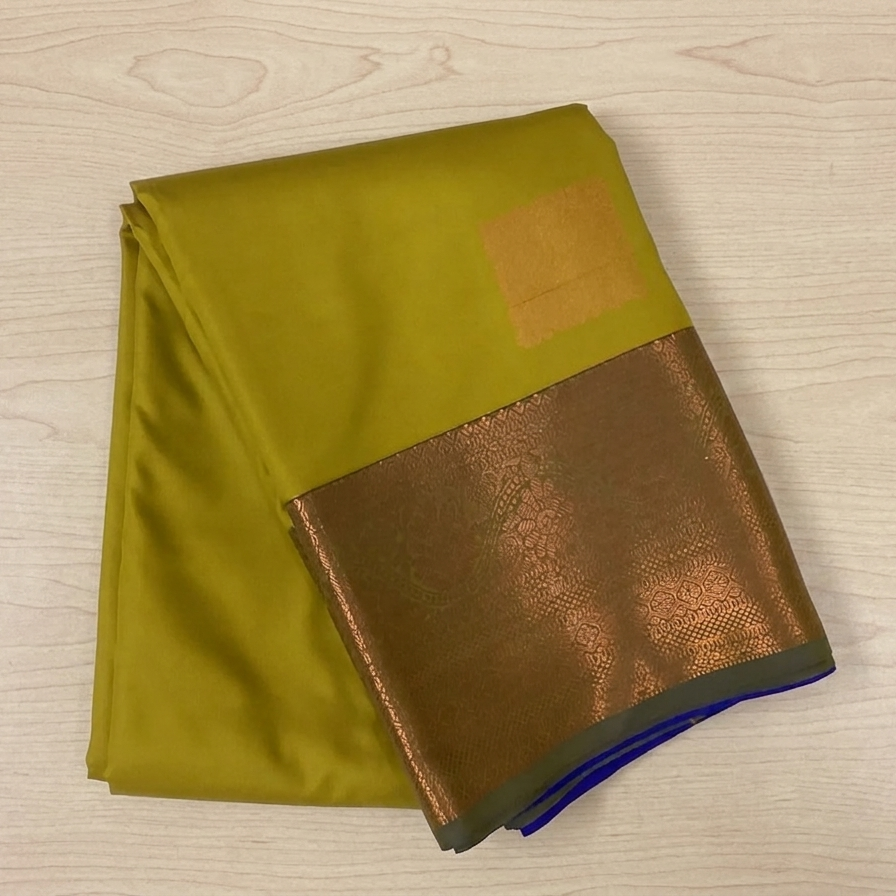 Olive Green Silk Saree With Lilac Pallu Gold Brocade Floral
