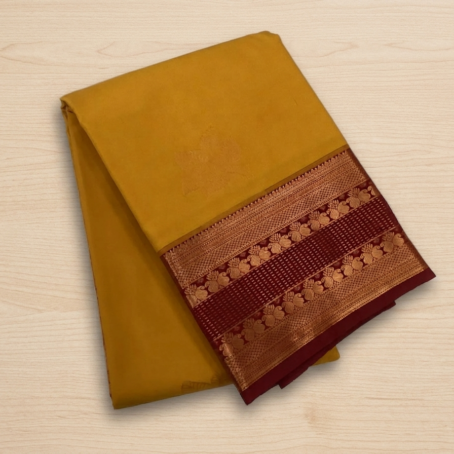 Mustard Maroon Kanjivaram Silk Saree Gold Zari Pallu Brocade Border