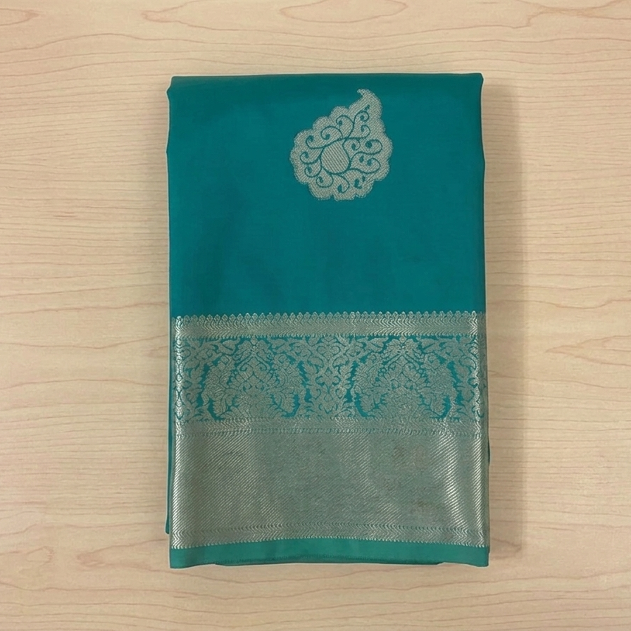 Teal Brown Silk Saree Silver Paisley Brocade Festive Wedding Saree