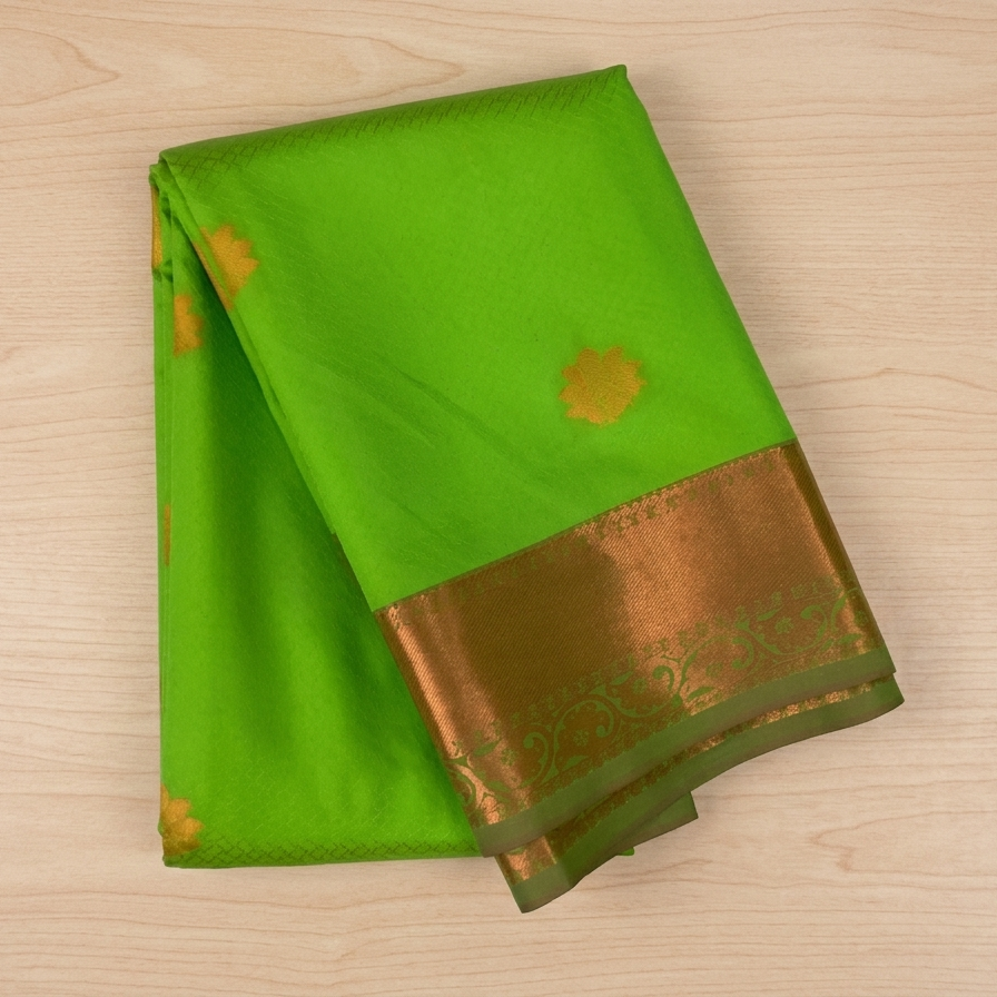 Emerald Green Saree Copper Orange Pallu Gold Zari Work
