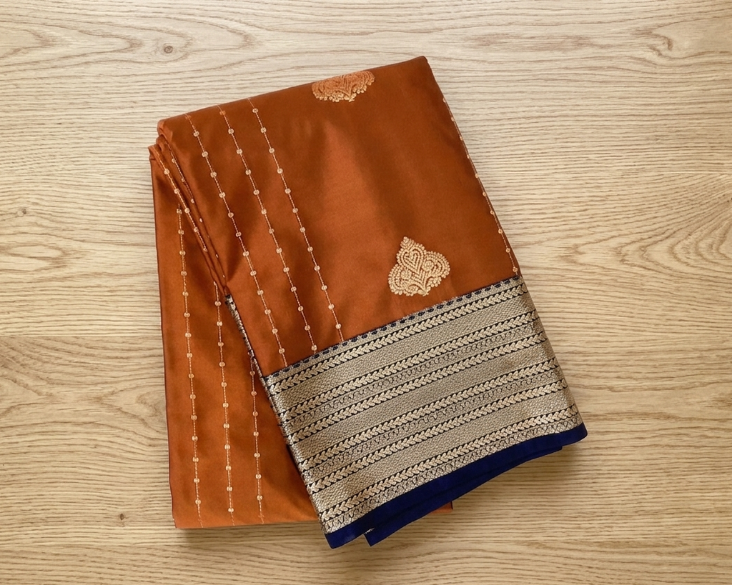 Rust Orange Zari Saree Silver Pallu Navy Contrast Elegant Design