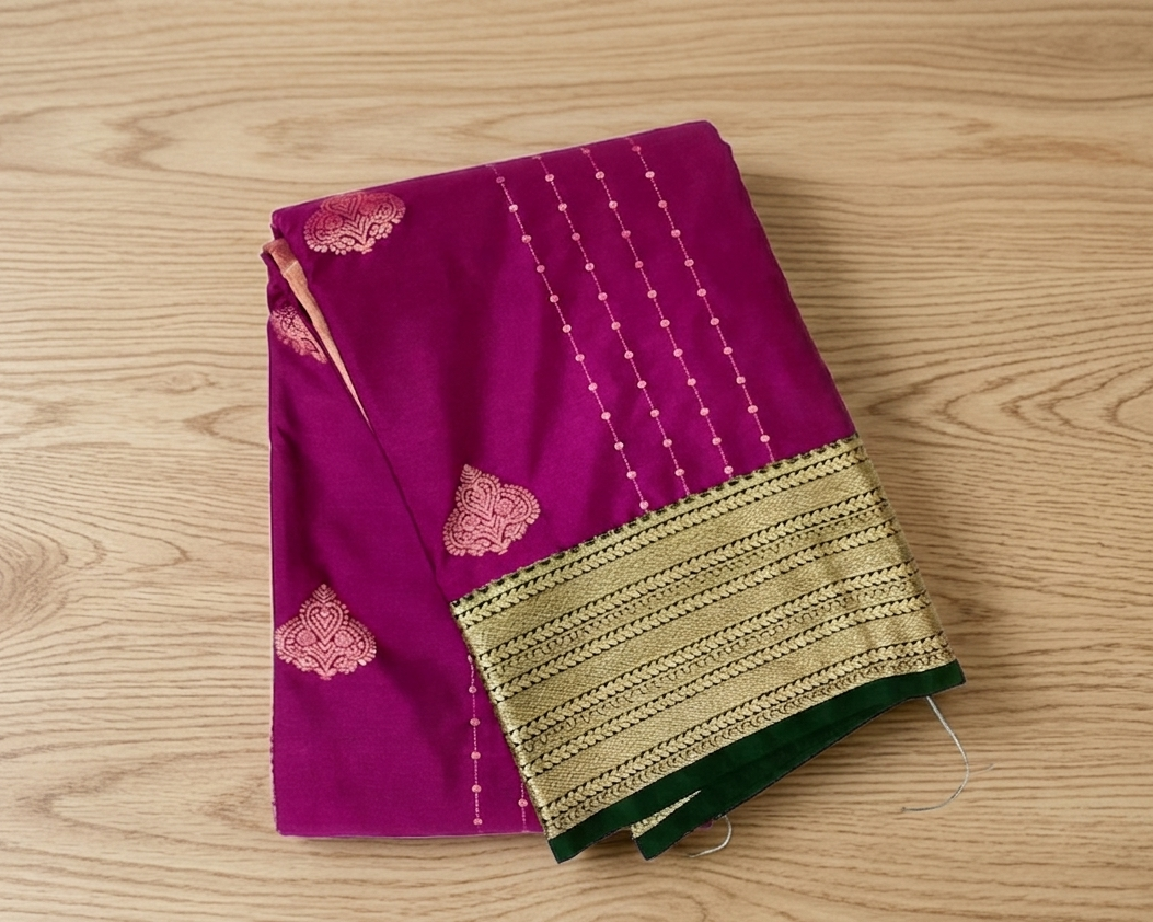 Magenta Silk Brocade Saree Champagne Gold Pallu Forest Green Border