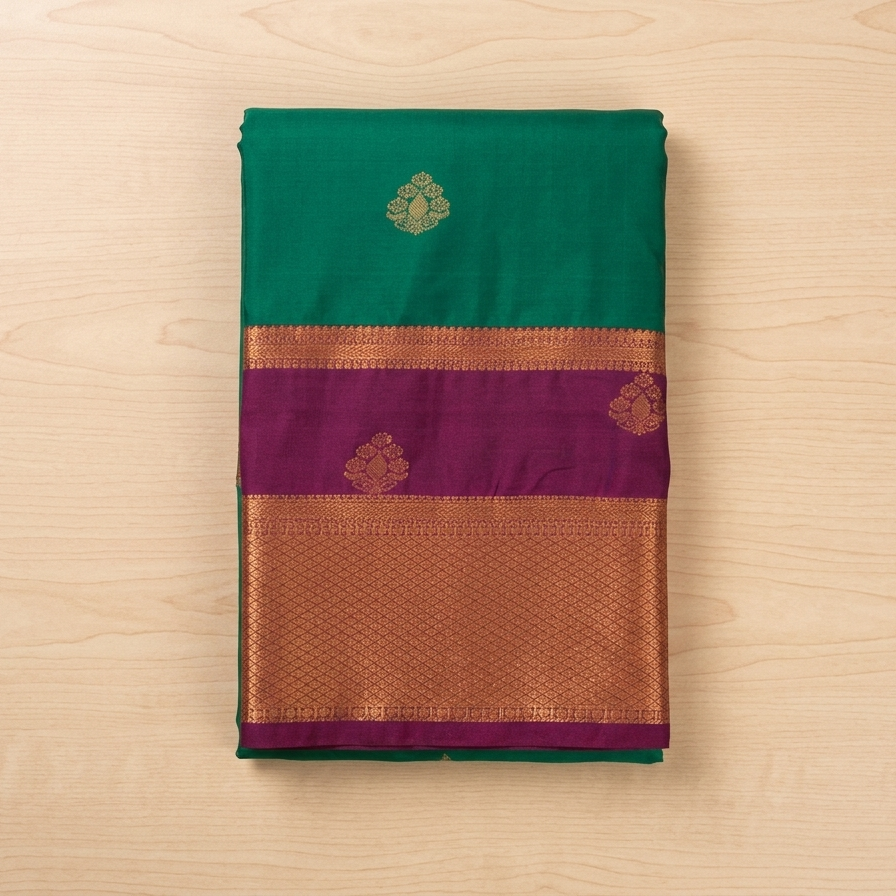 Deep Teal Magenta Silk Saree Gold Zari Broad Border Traditional