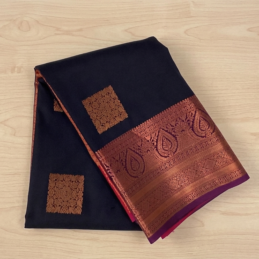 Midnight Blue Magenta Pallu Rose Gold Brocade Saree Paisley Border