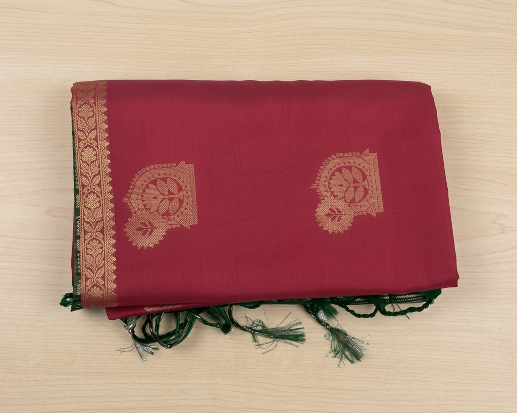 Deep Magenta Silk Saree Teal Pallu Gold Woven Motif Traditional