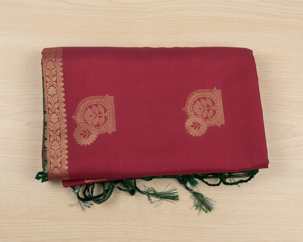 Deep Magenta Silk Saree Teal Pallu Gold Woven Motif Traditional
