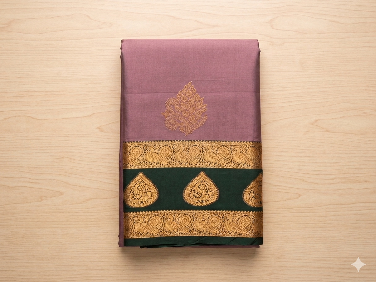 Royal Purple Silk Saree Deep Teal Pallu Gold Zari Buta