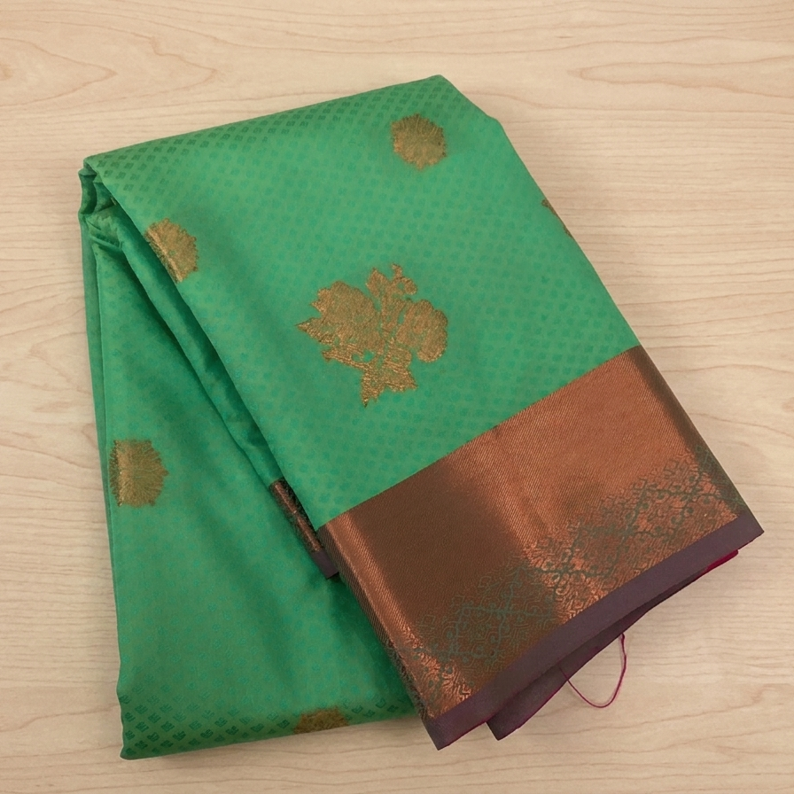 Teal Green Silk Saree Coral Red Pallu Gold Zari Border
