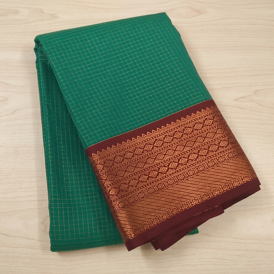 Teal Copper Zari Border Saree Micro Check Body Lattice Pallu