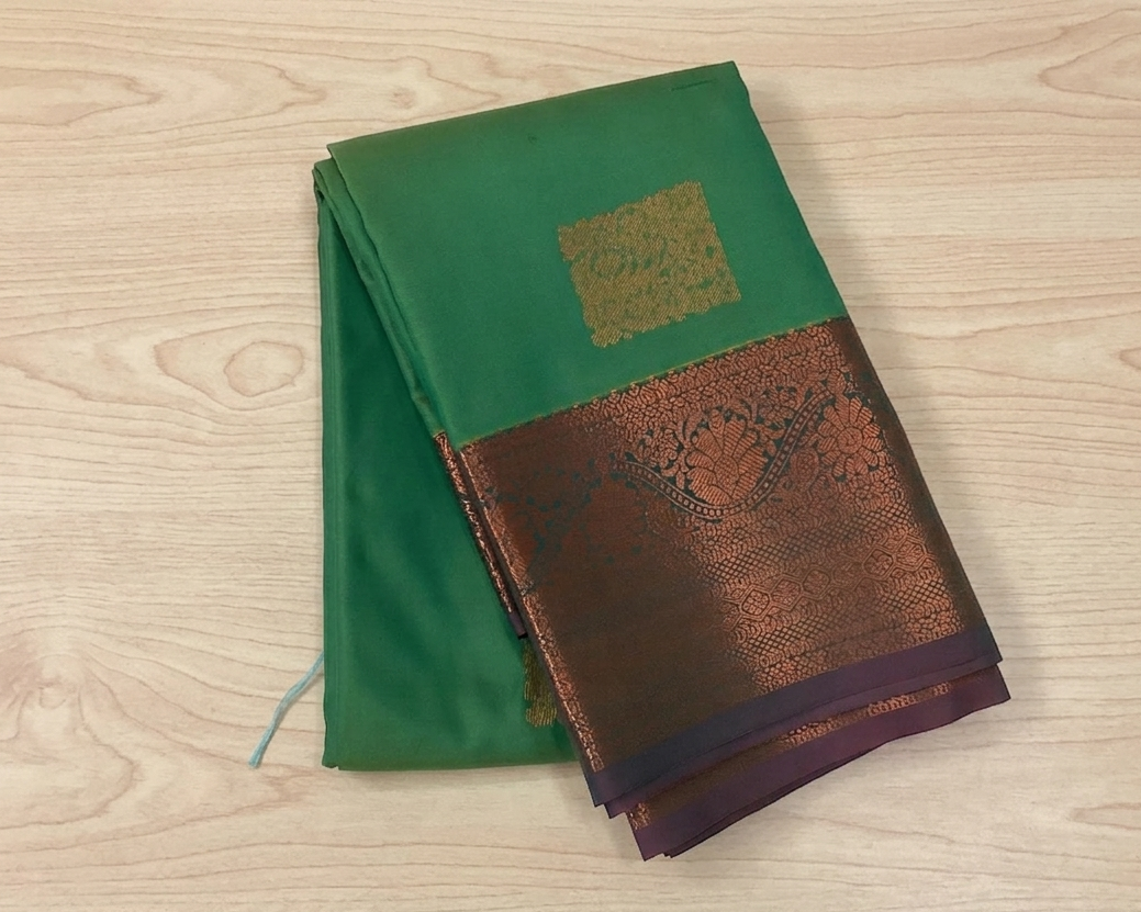 Teal Gold Buti Silk Saree Burnt Orange Pallu Zari Border