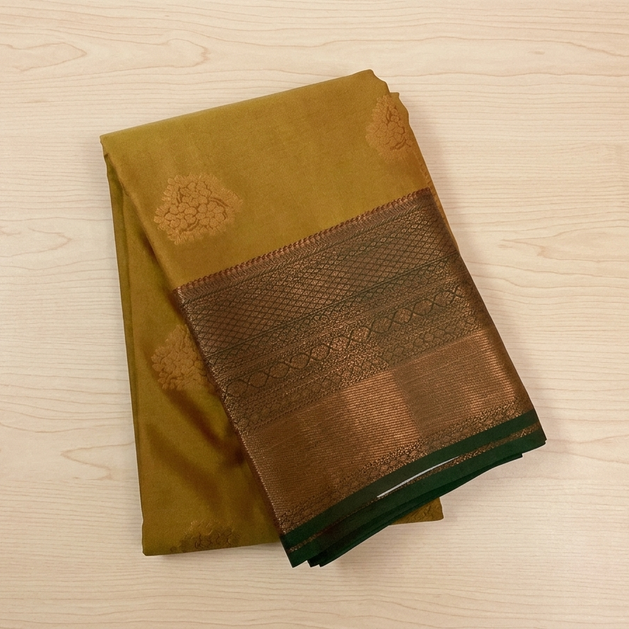Mustard Gold Silk Saree With Emerald Pallu And Copper Zari