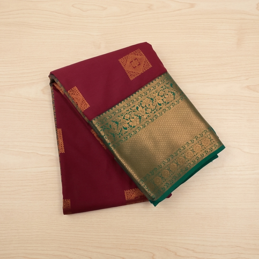 Maroon Teal Silk Saree With Gold Zari Square Buta Border