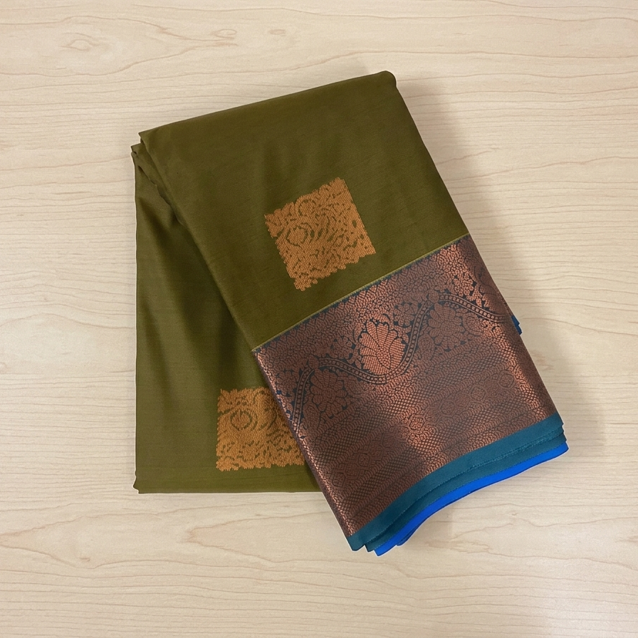 Deep Olive Saree Magenta Pallu Copper Motifs Rose Gold Zari