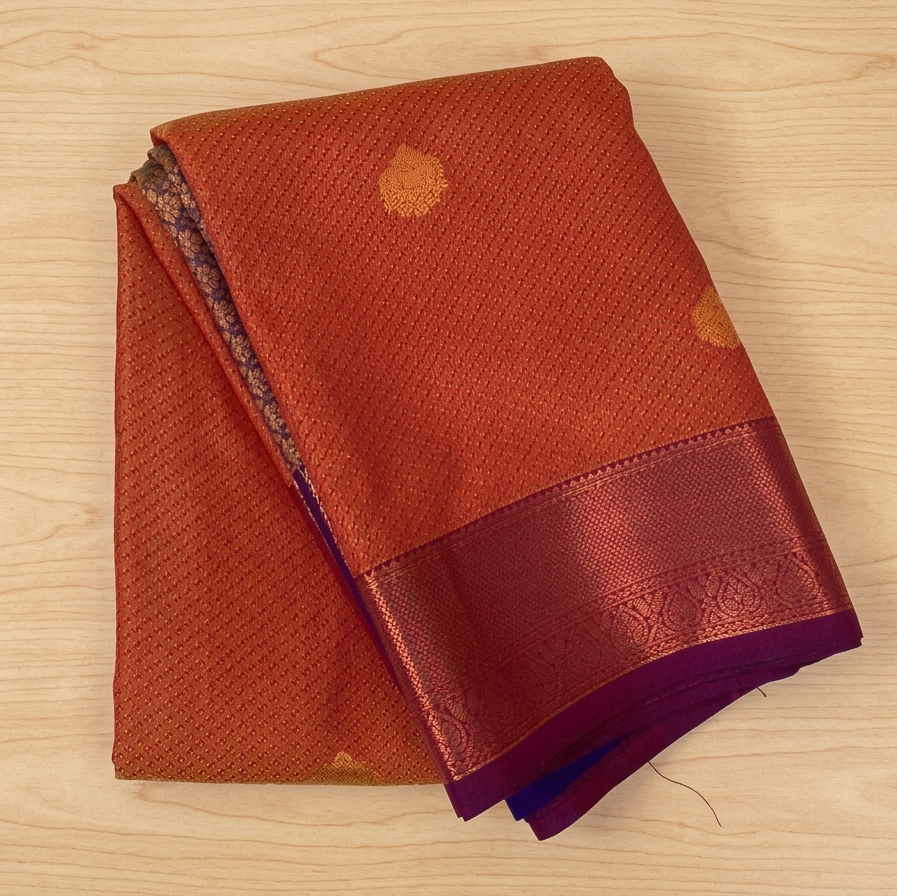 Rust Orange Silk Saree Rose Gold Brocade Pallu Royal Purple Border