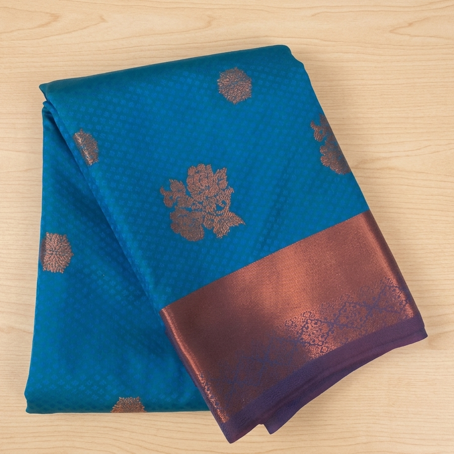 Teal Maroon Kanjivaram Inspired Silk Saree With Gold Floral Buttas