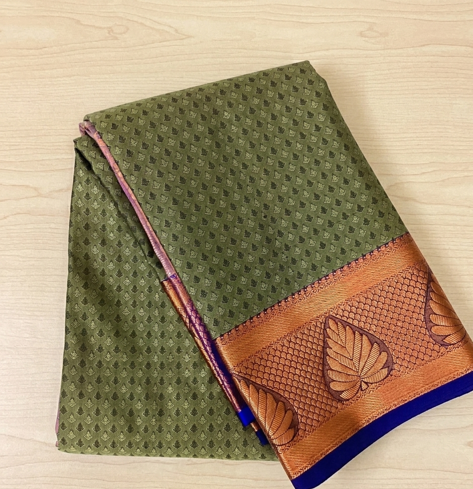 Cobalt Blue Olive Silk Saree with Rose Gold Leaf Border
